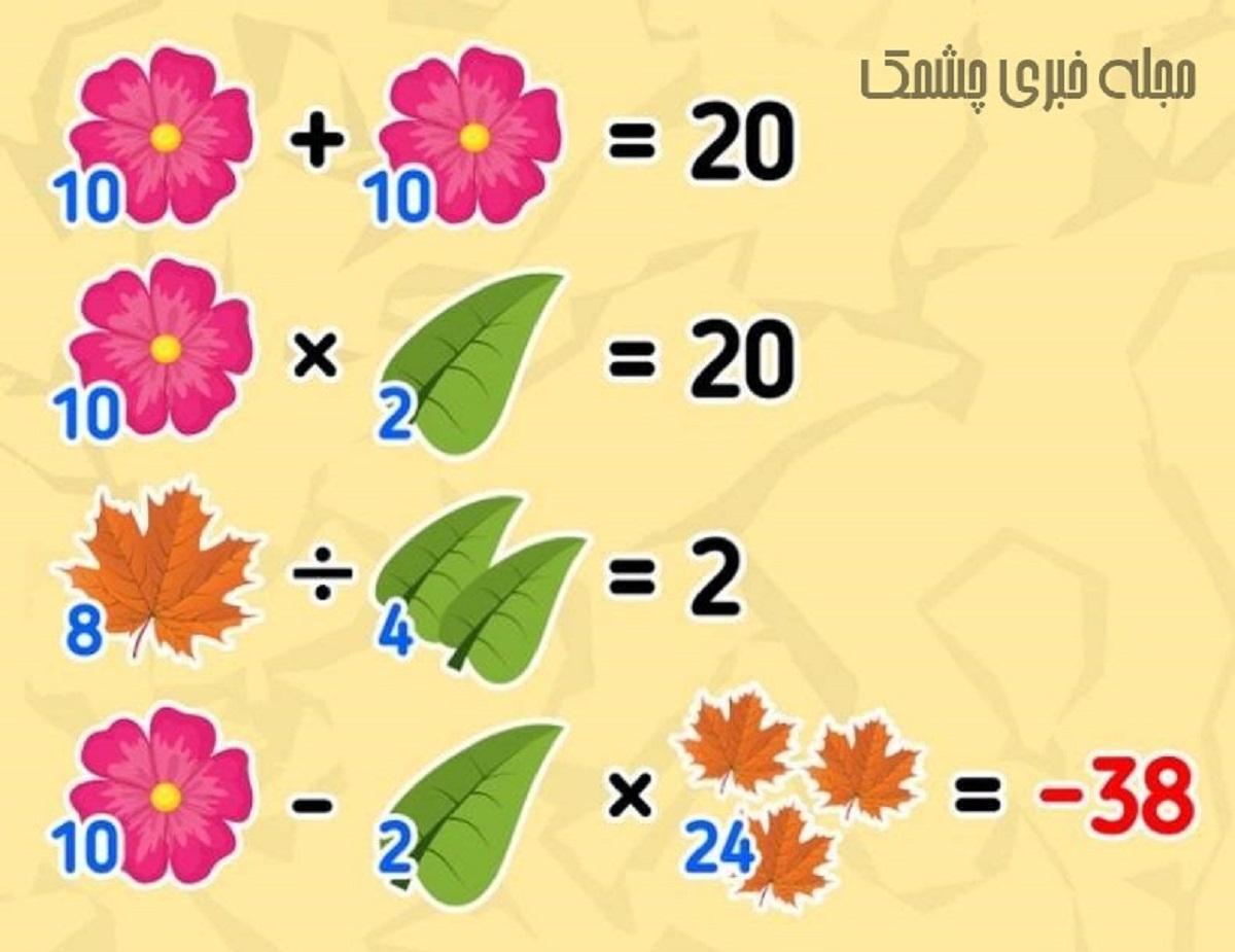 پاسخ سوال ریاضی با ارزش عددی برگ ها و گل