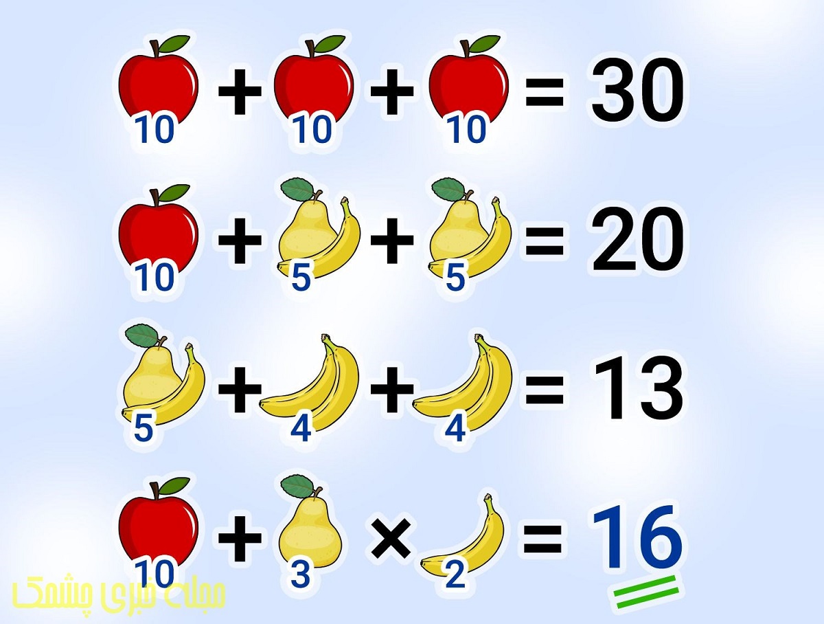 پاسخ آزمون هوش ریاضی مقدار عددی میوه