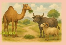 شتر و گاو و قوچ و يك دسته علف